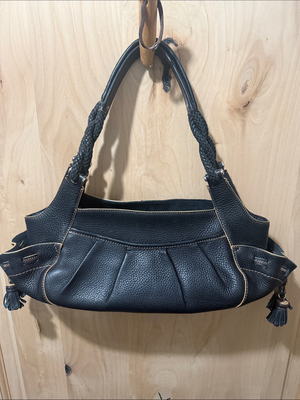 Cole Haan Black Pebbled Leather Braided-Handle Shoulder Bag